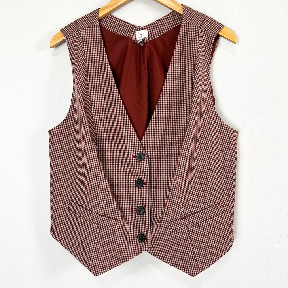 A New Day Houndstooth Vest Sleeveless Button Up Brown Tailored Size XXL